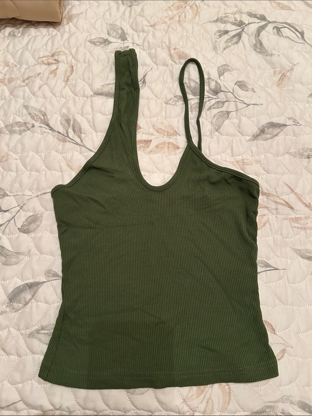 SHEIN Ribbed Olive Green Asymmetric-Strap Tank Top